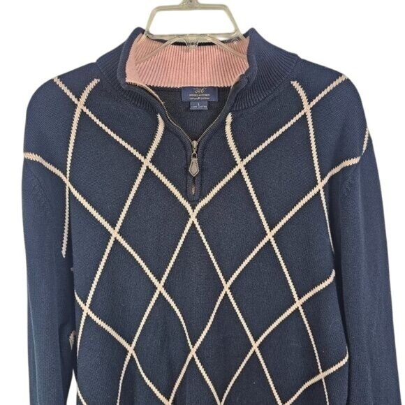 Brooks Brothers 346 Half Zip Sweater Sz L Navy Pink Argyle Diamond Academia - Picture 3 of 8